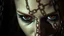 Placeholder: close up face with shadow dark gold eyes, void, pain, hyper-realistic detail, floats in deep darkness, deep blue abyss, shadow of chains is projected on her face, crepy stunning, dark, surreal vibe with meticulous clean pale skin dark golden eyes, . dark shadow and weird surreal mood