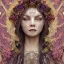 Placeholder: portrait,"Insanely detailed photograph of a beautiful nordic vestal Goddess,gorgeous clean face,intricate mask, highly intricate dress,intricately designed colorful flowers in hair,elegant, highly detailed hair, digital painting, artstation, concept art, smooth, sharp focus, illustration, art by artgerm and greg rutkowski and alphonse mucha, 8 k,looking downward,album cover art,fantasy