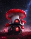 Placeholder: An illogically floating mushroom house on a clear night. white red black, Stars Dark cosmic interstellar. Detailed Matte Painting, deep color, fantastical, intricate detail, splash screen, hyperdetailed, insane depth, concept art, 8k resolution, trending on Artstation, Unreal Engine 5, color depth, backlit, splash art, dramatic, High Quality Whimsical Fun Imaginative Bubbly, perfect composition