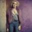 Placeholder: Singer Madonna, hippie girl, jeans, purple fur, striped wallpaper, old autochrome