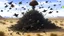 Placeholder: Pile of skulls accumulated in a desert terrain, crows flutter and perch around them and the wind raises dusty trails that drag dry plants