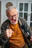 Placeholder: Portrait of poor angry caucasian very old senior man wearing eyeglasses and showing big fist standing at home indoor, Older Adults and Their Anger Issues, wheelchair, holding an microphone screaming
