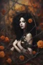 Placeholder: abstract creation of a beautiful girl with black curly hair, surrounded by black roses, wrapped in thick metal chains, glass petals on the ground, autumn and bright colours,dried out thorn bush, chaos,