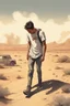 Placeholder: A wounded 25-year-old boy in a men's sports tee is walking in the desert with his head down, smoking a cigarette, and a scene of destruction is unfolding behind him