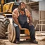 Placeholder: close up photography of a arab ugly burly serious wet sweaty, muscular chubby strong fat carpenter, shirtless, bulge, manly chest, very hairy allover, big goatee 46 years old, short hair, sitting with open legs on a little chair , on a construction site in the middle of a road, under the August sun, emotional eyes, , hyper-realistic, photorealistic , frontal view from the ground