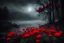 Placeholder: Creepy Night, mist, red flowers, gothic horror and disturbing infmuence, mistery, rocks, mountains, trees, lake, photography