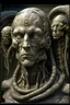 Placeholder: sculpture of a man and a snake , front view , Multiple faces . decayed and rotting with grotesque proportions and imagery. abstract grotesqueries, detailed texture, surreal horror, biomechanical design, by hr giger and beksinski