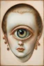 Placeholder: Set in rose-gold, mesmerizing—and bizarre is a Lovers Eye, Part-portrait, part-jewel, the miniature portraiture of a single eye of a beloved, painted with watercolor on ivory,18th century style, the beloved's eye floats uncannily against a monochromatic background. No other facial features anchored it, except an eyebrow. All focus on the composition’s core of a dark iris gazes ardently from behind a soft, love-drunk lid. Lovers eye portraiture, romantic, realism, Victorian, surrounded by blue ve