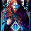 Placeholder: a tarot card of a man in an anime style, the man has long flowing red hair and his eyes are dark blue, he is wizard like with a beard and wearing resplendent mystical robes. Gradient color scheme