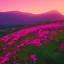 Placeholder: paysage collines roses, coucher de soleil, fleurs