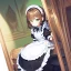 Placeholder: Clear focus, High resolution, short dark brown fluffy hair, green eyes, wearing a maid outfit, sitting down, in a house, cartoon eyes, cute, cartoony style, flat shading