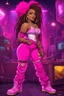 Placeholder: Create a pop punk cartoon of a curvy African American female wearing a hot pink jean outfit with timberland boots. Prominent make up with hazel eyes. She is wearing large diamond hoop earrings. Extremely highly detailed very long dread locs hair that shines. Background of a night club.