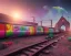 Placeholder: train with graffiti on a rainbow track in outerspace, planets in the background, steam bubbles from chimney, galaxy, fantasy, spacecore, otherworldly