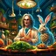 Placeholder: portrait of crazy scientist irradiating food inside grove with huge fluffy hare in the style of Escher, 4 k, down-light, soft light, depth of field, photo realism, trending on art station, high detail, spray paint