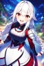 Placeholder: girl, masterpiece, best quality, cinematic lighting, detailed outfit, vibrant colors, perfect eyes, white hair, red eyes, long hair, braided ponytail, armored dress, sparkle, depth of field, outdoors, god rays, glowing light, ray tracing, laughing, looking up,