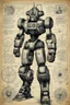 Placeholder: Hand drawn, art by Wayne Reynolds , Daren Bader and Tom Tenery, old paper with detailed schematics of dark dieselpunk cute robotic goku detailed drawings, cross section, concept sheet sketch, 8k