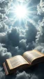 Placeholder: Sun light above swirling clouds, emerges from the heart of a raging storm. Turbulent winds of steam swirl around lit by shafts of sunlight that cast dramatic shadows on the A beautiful open book with Hebron words in the middle , High quality 16k cinematic scene and great photography