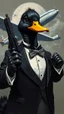 Placeholder: Bosh painting style nightmare, a black duck wearing a Tuxedo and holding a gun like 007 , an airplane in the background