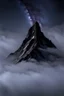 Placeholder: one single mountain sharp face rises out of the mist into the night sky.