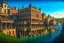 Placeholder: medieval buildings with balconies overhanging lake edge with blue sky and people, photorealism detailed matte painting, deep colour, fantastical, intricate detail, splash screen, concept art