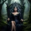 Placeholder: Morena Baccarin as a beautiful sexy dark elf queen seated elegantly on a throne in a mystical forest, dark celtic vignette frame, photo-realistic, cinematic lighting, award-winning photography