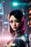Placeholder: Futuristic anime cyborg, portrait from waist up, intricate eyeliner, vibrant eyeshadow, clear completion, soft lighting, 4k resolution, intricate details, insanely detailed, colorful cityscape background, masterpiece, expert, cinematic smooth, retroanime style, realistic details, no helmet