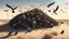 Placeholder: Pile of skulls accumulated in a desert terrain, crows flutter and perch around them and the wind raises dusty trails that drag dry plants