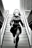 Placeholder: military girl runs on the stairs, greyscale