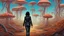 Placeholder: woman with black hair, in leather trousers and jacket, walking through Alien mushrooms with jellyfish tentacles in an alien forest, photorealistic, Deep Colour, Intricate Detail, sunshine, blue sky