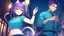 Placeholder: Girl,man ,purple hair, cat ears, cat tail, blue skirt, open navel, short green shirt, night in town ,with tongue out, collar on neck