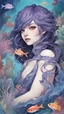 Placeholder: under sea , plants, watercolor, beautiful face, beautiful eyes, purple eyes, black hair, clean design, art station, splash of colorful paint, cute fishes, contour, hyperdetailed intricately detailed, unreal engine, fantastical, intricate detail, splash screen, complementary colors, fantasy concept art, 8k resolution, pale skin, twilight, extreme quality, extremely detailed, ultra-detailed face, ultra hd 8k,