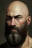 Placeholder: Portrait of a bald man, muscled, with quite-long brown beard, a black bandage on his left eye,
