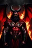 Placeholder: old man, black beard, no faced, shadows on face, muscle, skin red , red body, black goat horns, black bat wings, long black haired, devil appearance, satan, pethagram, diabolic scars, black old armor, golden necklace cross, cape, throne, hell fire, darkness background.