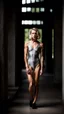 Placeholder: beautiful anorexic woman, total shot, short grey metallic triathlon swimsuit, short blond wavy bob hair, blurred concrete background