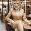 Placeholder: [cougar head] At a coffee shop in a shopping district. A Japanese actress tries on a cougar suit, she has a wild cougar head. The actress in a cougar suit with a cougar head and a female staff member sit inside and drink coffee. The actress's limbs are realistic, and the material is beige Lycra. View from the side.