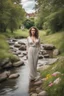 Placeholder: fullbody shot of a very beautiful lady curvy hair, in the country side with a narrow river with clean water and nice rocks on floor. The trees and wild flowers pretty country houses ,nice cloudy sky.