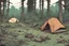 Placeholder: campsite, tents, overgrown, post-apocalyptic, comic book, forest