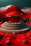 Placeholder: Realistic Red tempel in greek style on the bottom of an volcano