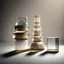 Placeholder: studio photography of a set of highly detailed irregular non-existent glass products, stacked in impossible balance, perfect composition, film studio light, beige color scheme, indirect lighting, 8k, elegant and luxurious style