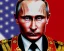 Placeholder: evil Russia president Vladimir Putin satan with fangs , Moscow in fire