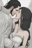 Placeholder: Strahd Von Zarovich, long black hair, being kissed on the mouth by a beautiful woman with white hair, wearing an off the shoulder dress. Settling and background are a lavish toomb with an ebony coffin.