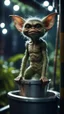 Placeholder: close up portrait of a gremlin with arm hair standing on a seal in a bucket ski lift in dark lit reflective wet jungle metallic hall dome hotel tunnel, in the style of a game,bokeh like f/0.8, tilt-shift lens 8k, high detail, smooth render, down-light, unreal engine, prize winning