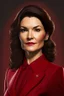 Placeholder: realistic Portrait of a woman in red power suit and dark brown hair. she looks like a mayor