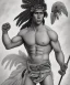 Placeholder: Guaicaipuro, native american god warrior, long black hair, big muscles, red feathers headdress, shirtless, holding a stone tip spear, fierce face