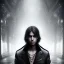 Placeholder: Male, Human, dark long hair, Black Eyes, Young, Hyperrealism, Full Body Shot, City Background, sharp focus, dark, black, steampunk