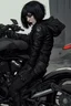 Placeholder: scarred cyberpunk vampire girl showing fangs with short cropped cyberpunk hair riding a black cafe racer motorcycle in a post apocalyptic wasteland at 3 am