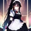 Placeholder: Clear focus, 8k, beautiful lighting, vibrant colors, girl, black hair, long hair, vibrant red eyes, ponytail, messy hair, hair in between the eyes, maid,