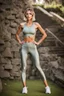 Placeholder: beautiful anorexic woman, standing, olive satin yoga leggins, short olive satin yoga top, medium length wavy haircut, slim chest