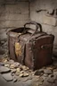 Placeholder: in the BASEMENT there is an old, broken brown oblong leather chest with short handles, from which gold coins from the time of Catherine the Great fall out. The ancient coat of arms of tsarist Russia, the double-headed eagle, is BARELY VISIBLE on the bag. There are a lot of broken bricks and earth around the bag. All in high quality 8K