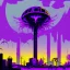 Placeholder: pos-apocalyptic cyberpunk city with destroyed buildings, a plubicity showing the number "2222", illuminated purple neon, dark, high contrast, at distance a gigantic atomic mushroom cloud from a nuclear device, upfront a desesperate crow trying to escape from radiation